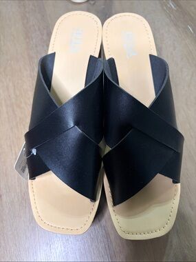 A.N.A. Women’s Black Crisscross Slide Sandals with Wedge Heel